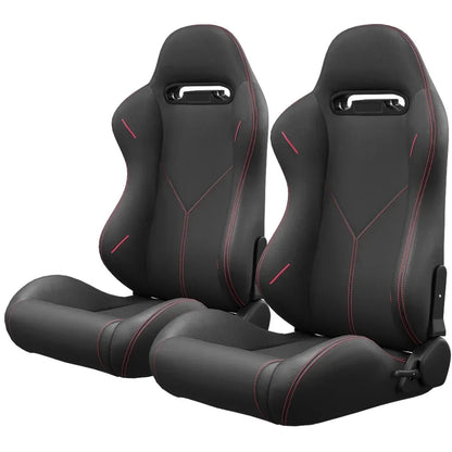 2PC Universal Reclinable Bucket Racing Seats With Adjustor Slider - Red PVC Leather