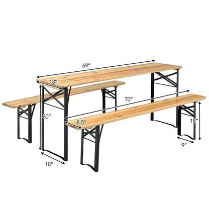 3-Piece Folding Picnic Table Bench Set, 70in Wooden Top - Black