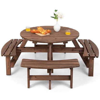 8-Person Outdoor Fir Wood Round Picnic Table Set With 4 Benches And Umbrella Hole - 70.5 x 70.5 x 27.5 in