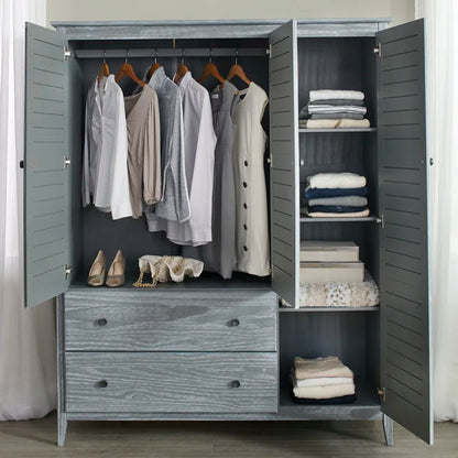 Solid Pine Wood Armoire, 3 Doors, 2 Drawers, 5 Shelves, 73.75 in H x 59.5 in W x 21.5 in D