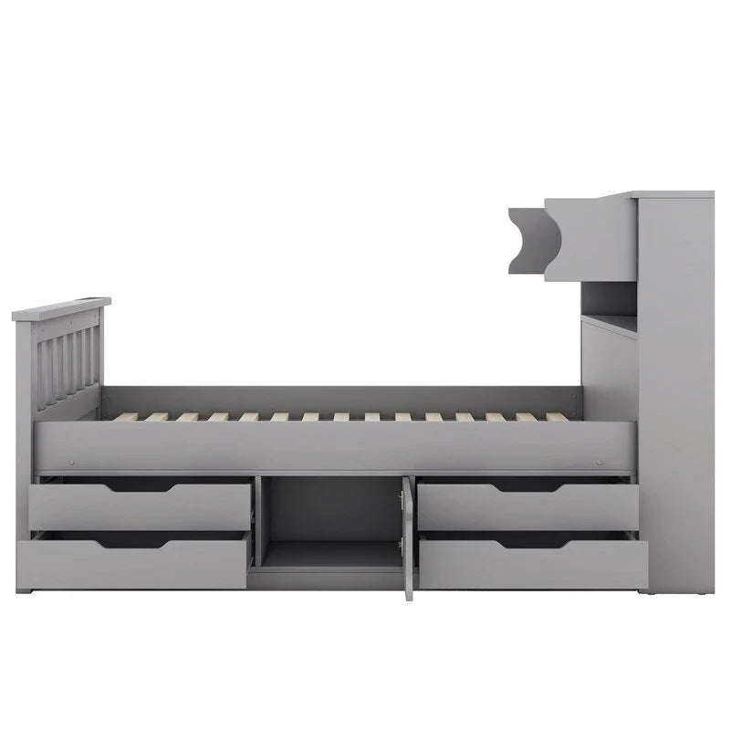 Twin/Full Captain Platform Bed With 4 Drawers And Storage Bookcase Headboard