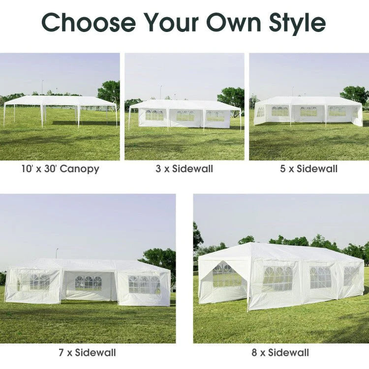 Outdoor Canopy Party Tent, 10 x 30 ft, 8 Removable Sidewalls, White