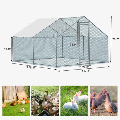 10 x 10 ft Metal Chicken Coop Walk-In Poultry Cage With Waterproof Cover