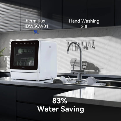 Hermitlux Portable Countertop Dishwasher, 5L Built-In Water Tank, 4 Place Settings - HMX-DW03