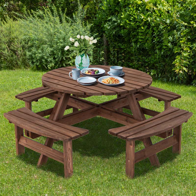 8-Person Outdoor Fir Wood Round Picnic Table Set With 4 Benches And Umbrella Hole - 70.5 x 70.5 x 27.5 in