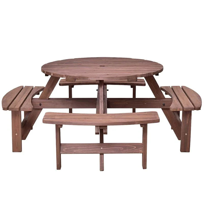 8-Person Outdoor Fir Wood Round Picnic Table Set With 4 Benches And Umbrella Hole - 70.5 x 70.5 x 27.5 in