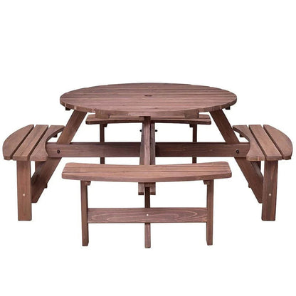 8-Person Outdoor Fir Wood Round Picnic Table Set With 4 Benches And Umbrella Hole - 70.5 x 70.5 x 27.5 in