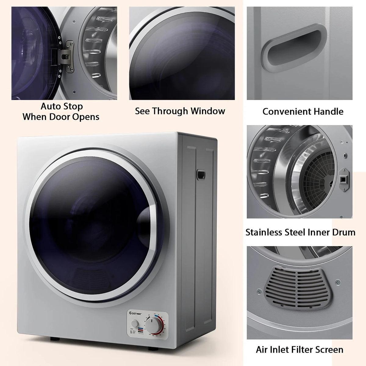 Costway Compact Electric Laundry Dryer, 1.5 cu. ft., 10 lbs, Stainless Steel - Wall Mounted