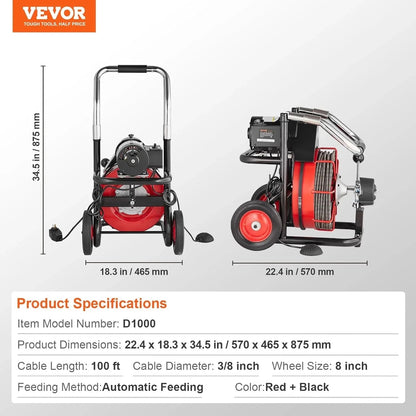 VEVOR Drain Cleaner Machine 100FT x 1/2 Inch, 550W, Red + Black - Drain Cleaner Machine 100 FT x 1/2 Inch