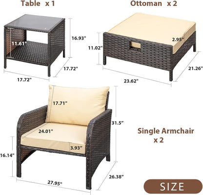 LEVELEVE 5 Piece Patio Conversation Set With PE Wicker Rattan, Cushions, 2 Ottomans And Glass Table